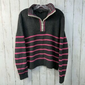 Calligraphie Women's Gray Pink Stripe Half Zip Knit Sweater Y2K Inspired Size XL